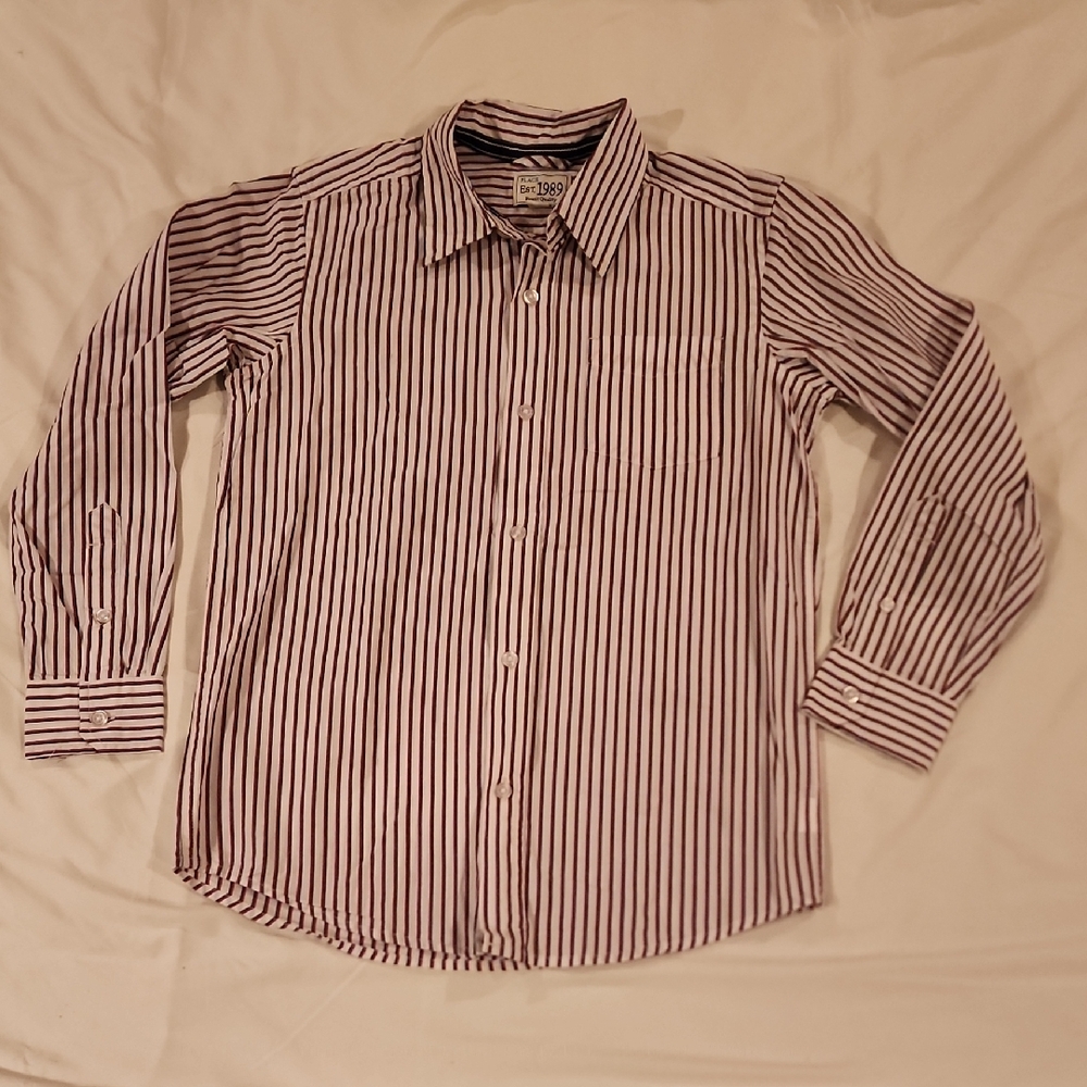 Striped Long-Sleeve Button-Down Shirt - White, Red & Navy. Size Large 10/12